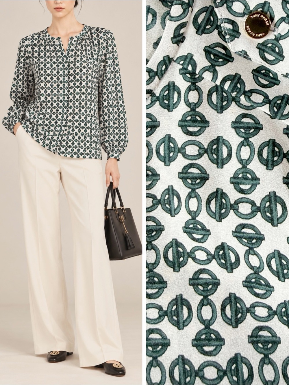 Tory Burch Woman Cream Green Geometric Print Satin Gold Button Blouse SMALL Chic